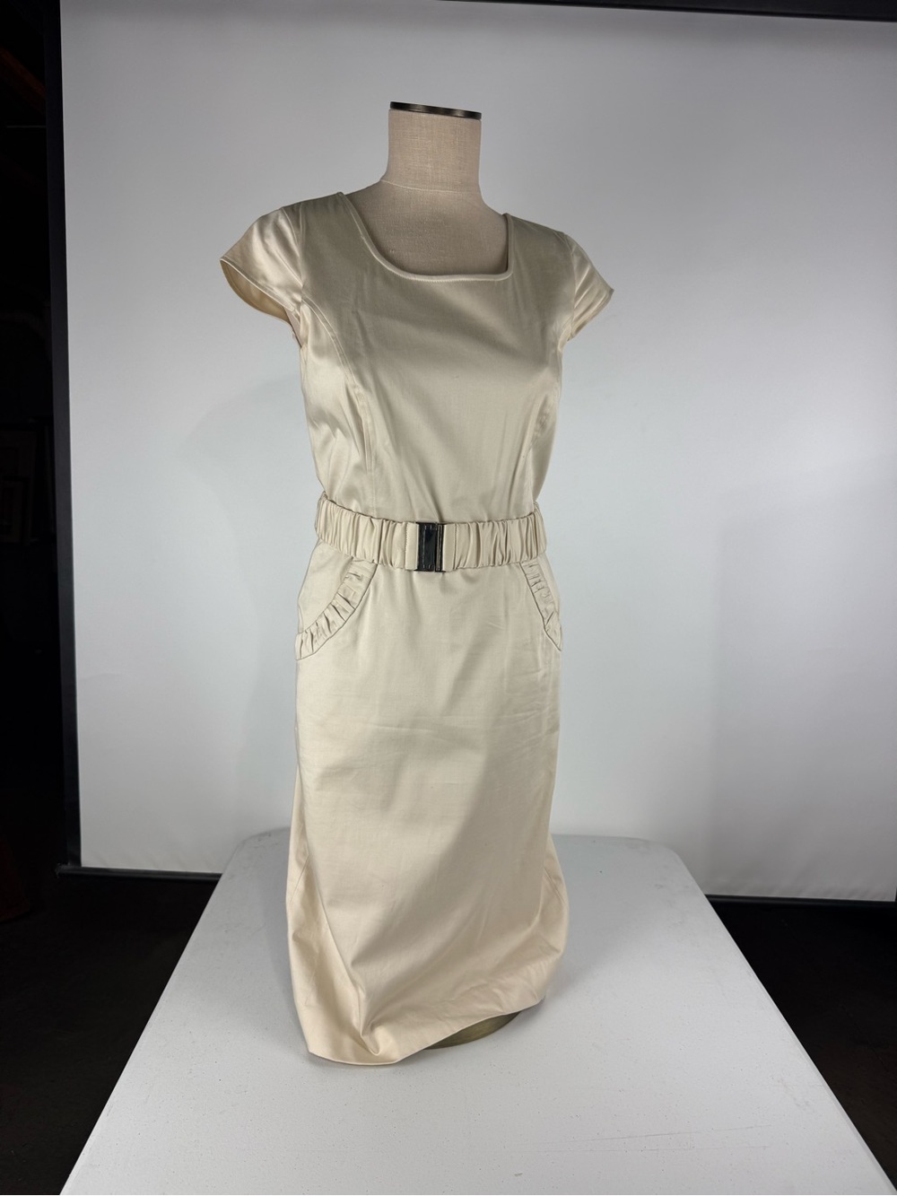 NWT Stone Colored Cap-Sleeve Belted Midi Dress